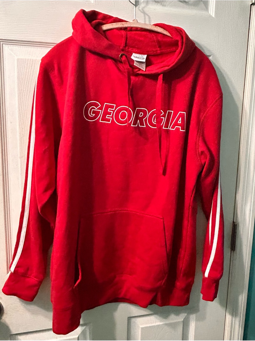 Red Georgia Pullover Hoodie‎ with White Sleeve Stripes